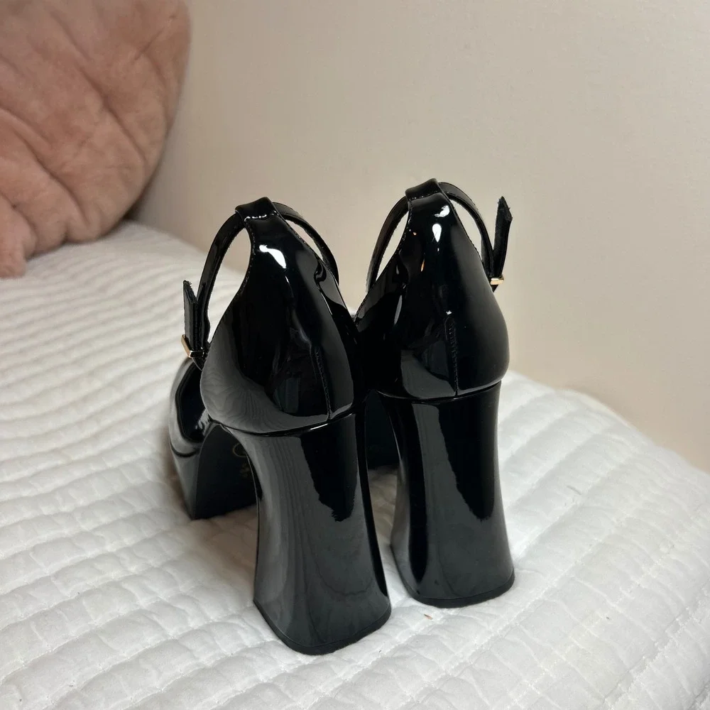 Chinese Laundry Black Patent Platform Pumps Square Toe Block Heel Womens 7
